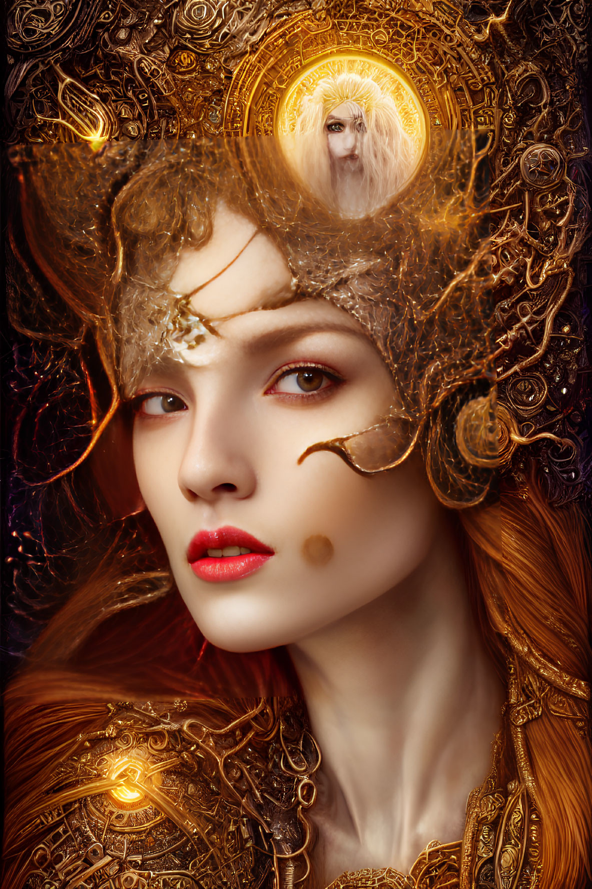 Ethereal portrait of a woman with golden headpiece and red hair