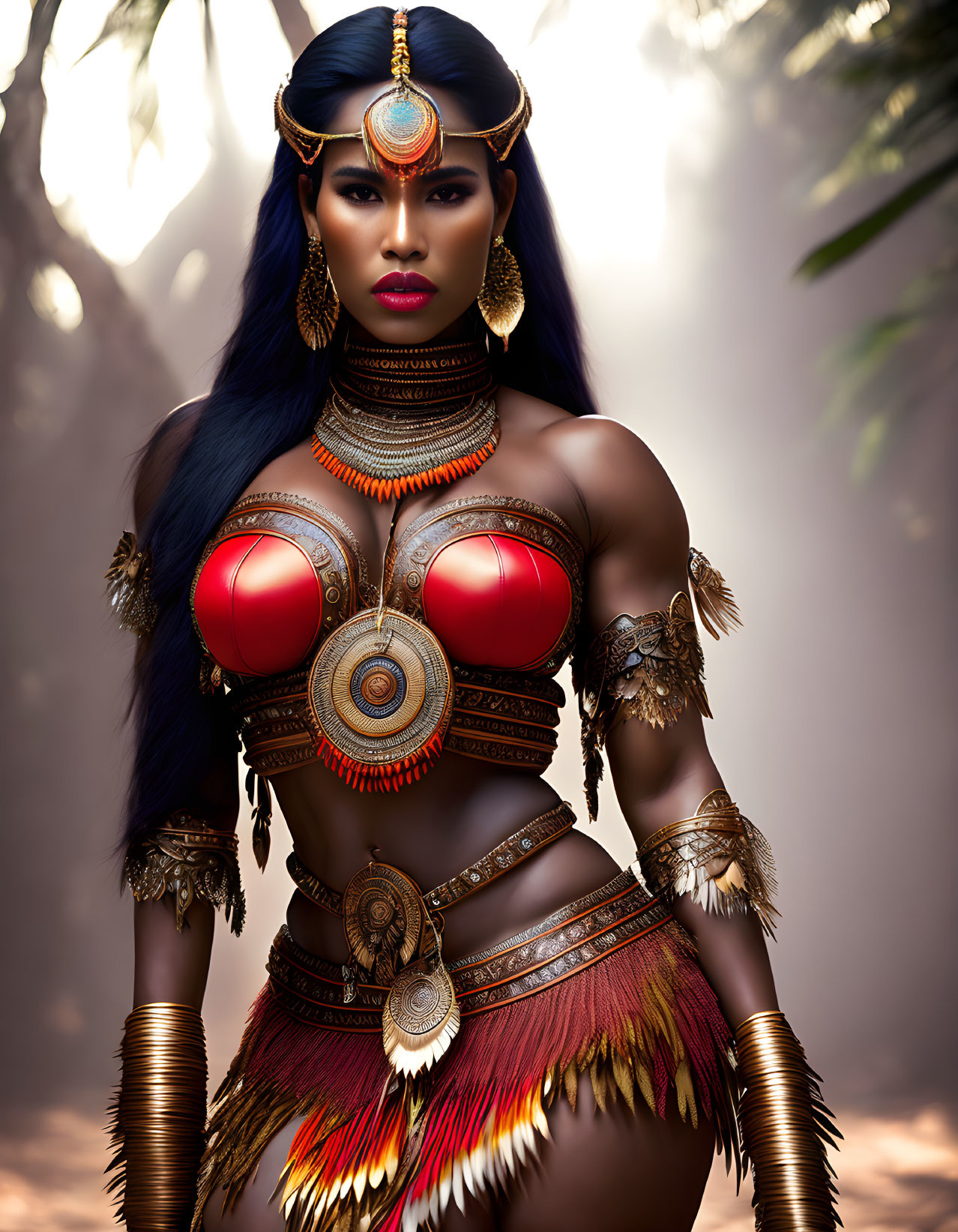 Digital Art: Woman with Blue Hair in Warrior Costume in Tropical Setting