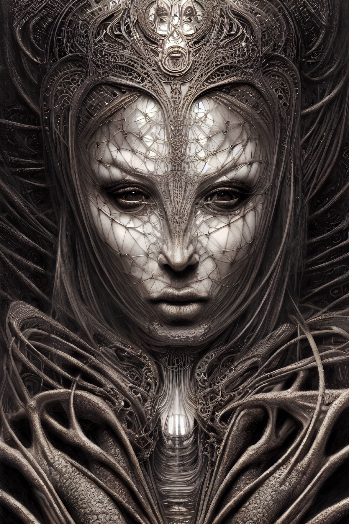 Detailed Digital Art: Humanoid Figure with Metallic Headdress & Circuitry Textures