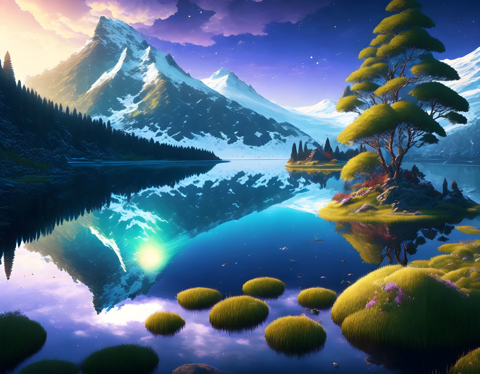 Twilight mountain landscape with clear lake and snowy peaks