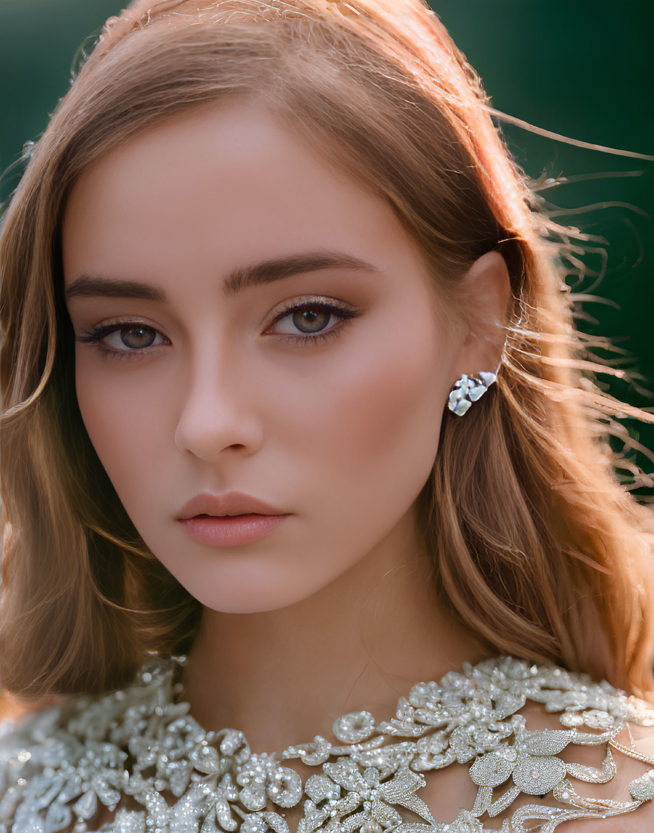 Detailed portrait of a woman with crystal earring and intricate attire on soft green backdrop