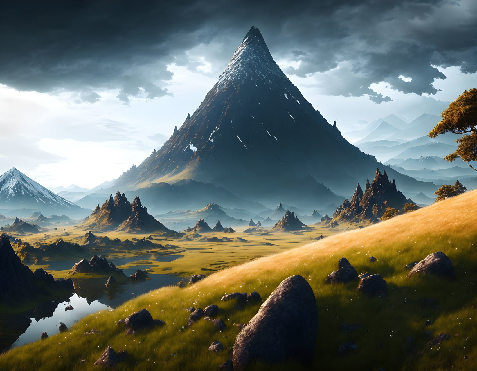 Majestic mountain peak in serene landscape with rolling hills and dramatic sky