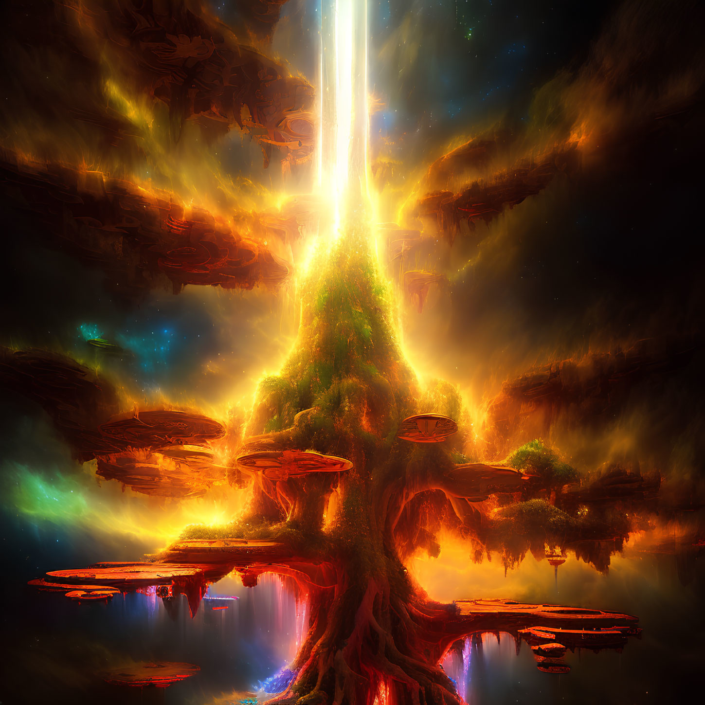 Colossal tree emitting light surrounded by floating islands in cosmic setting