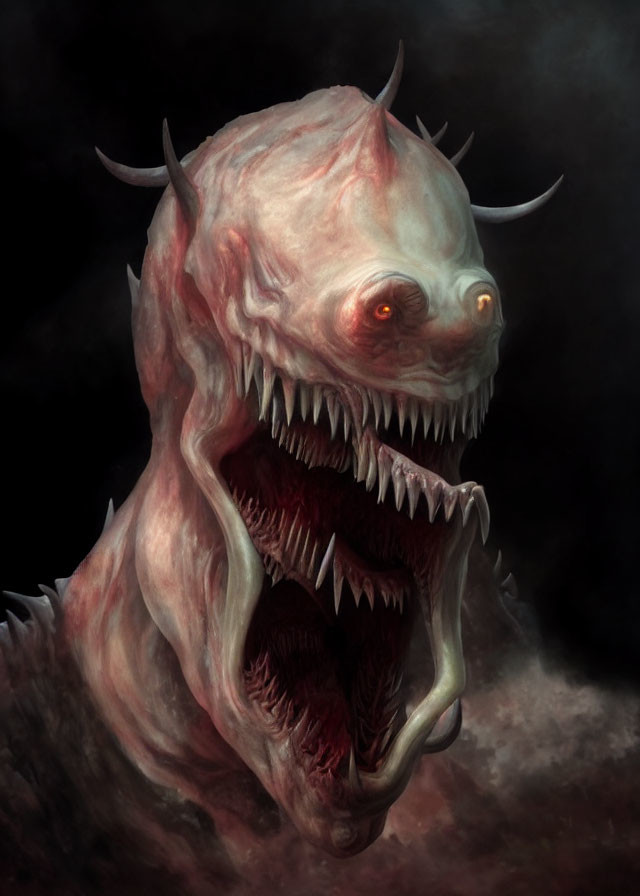 Sinister creature with sharp teeth, glowing eyes, and multiple horns on dark background