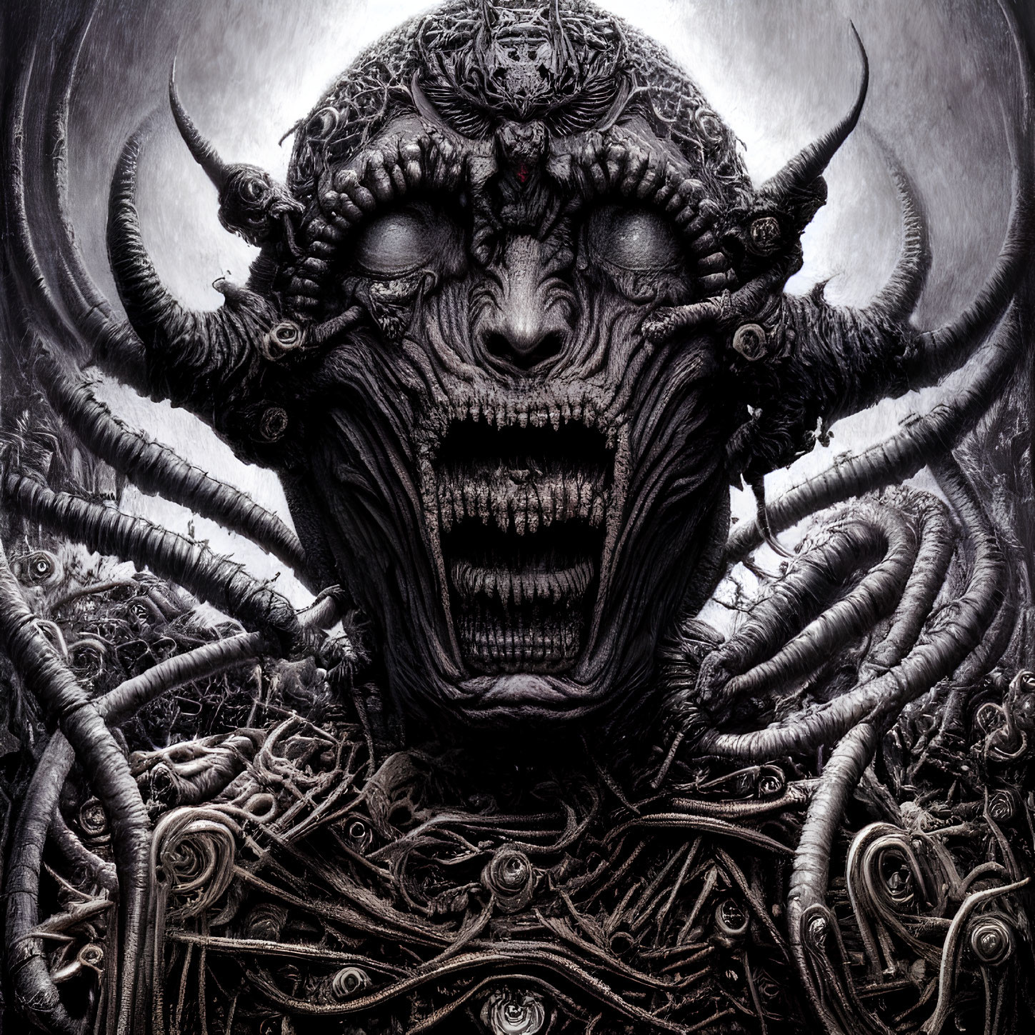 Detailed Artwork: Ominous Horned Demon with Swirling Tentacles