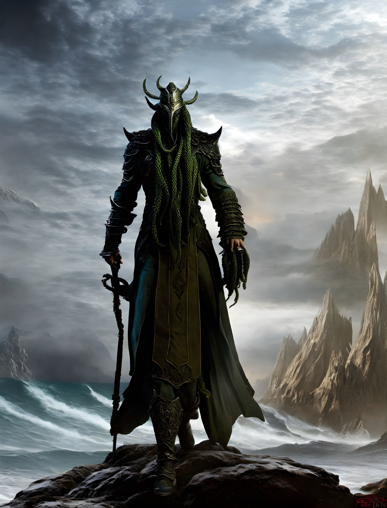 Regal figure in green and black armor with horned helmet in dramatic landscape.