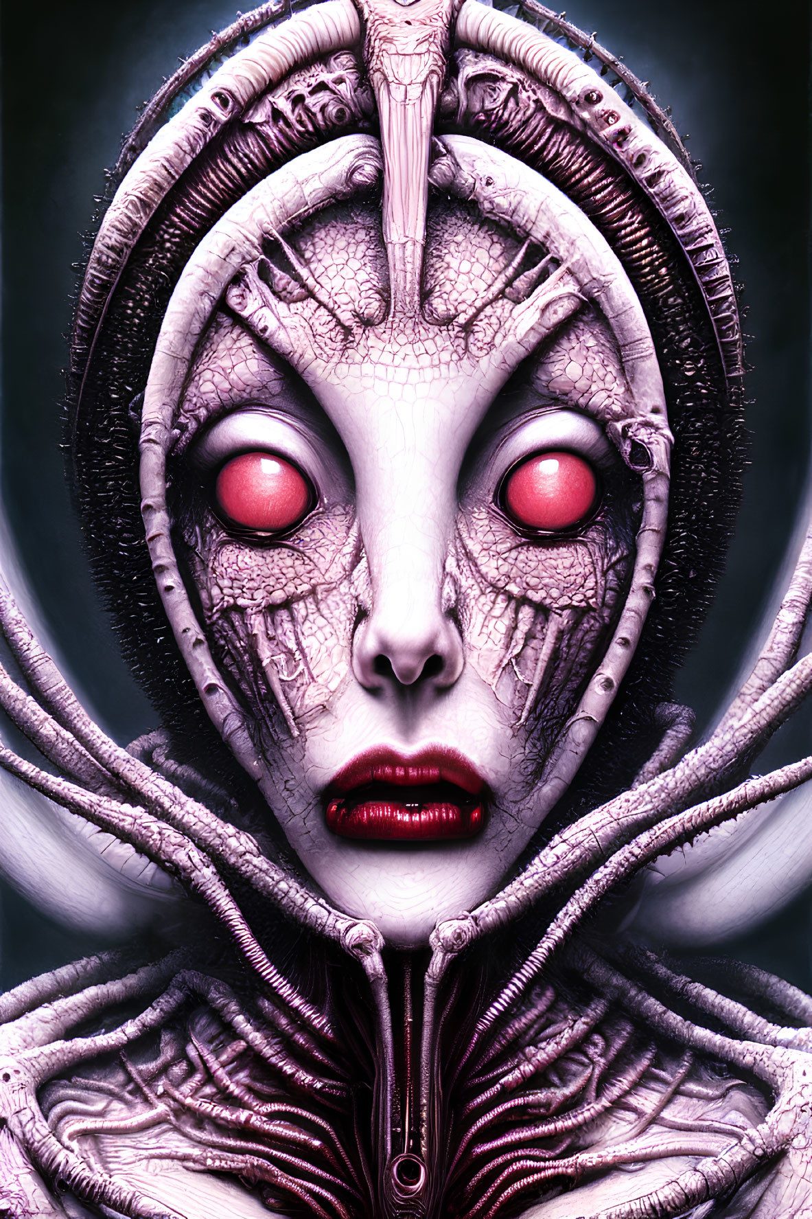 Humanoid Alien with Red Eyes and Bone-Like Headdress