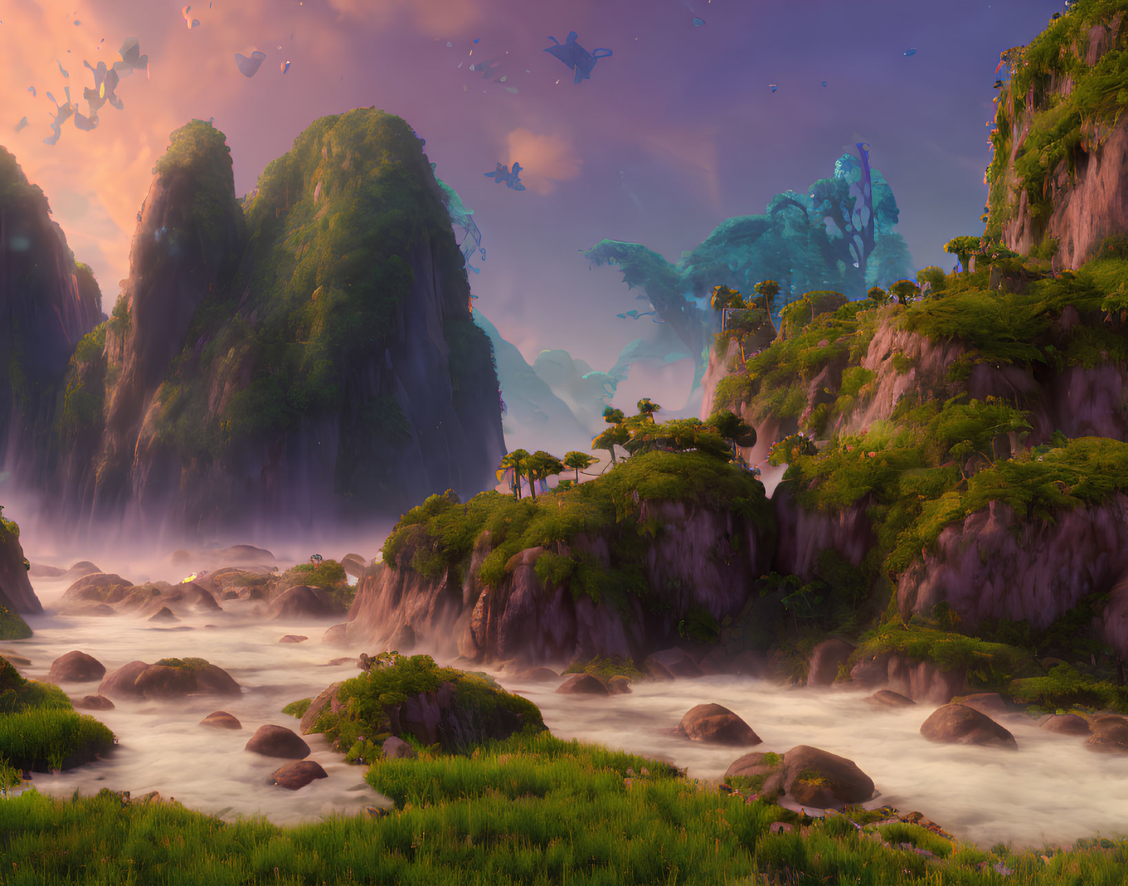 Misty rivers, floating islands, towering rocks in lush landscape