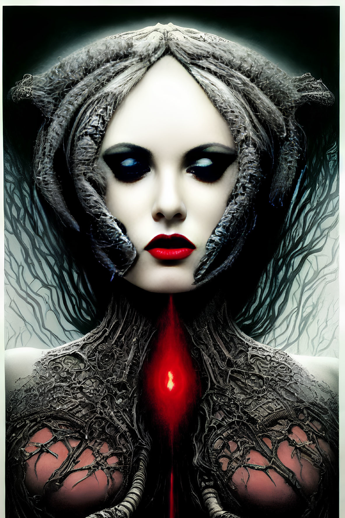 Digital illustration of woman with pale skin, dark eyes, red lips, ornate headpiece.