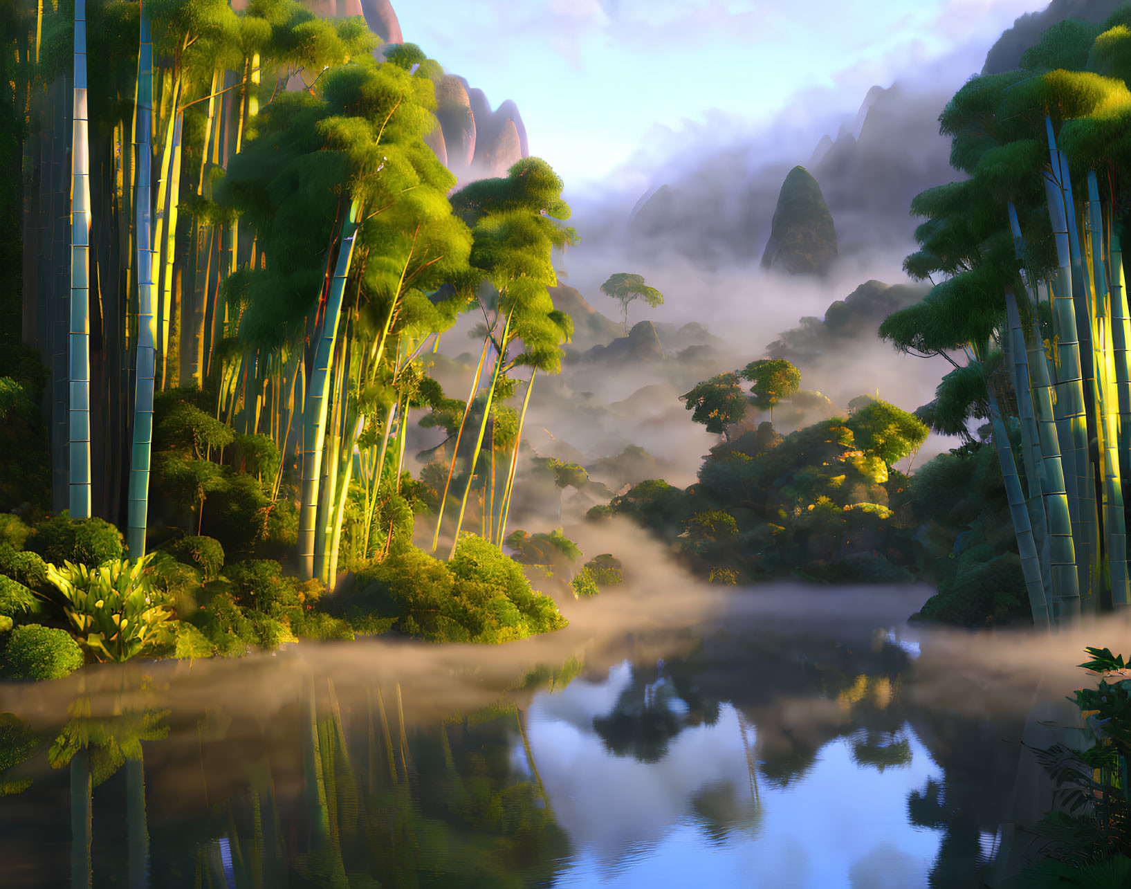 Tranquil sunrise scene: misty bamboo forest, serene lake, green hills