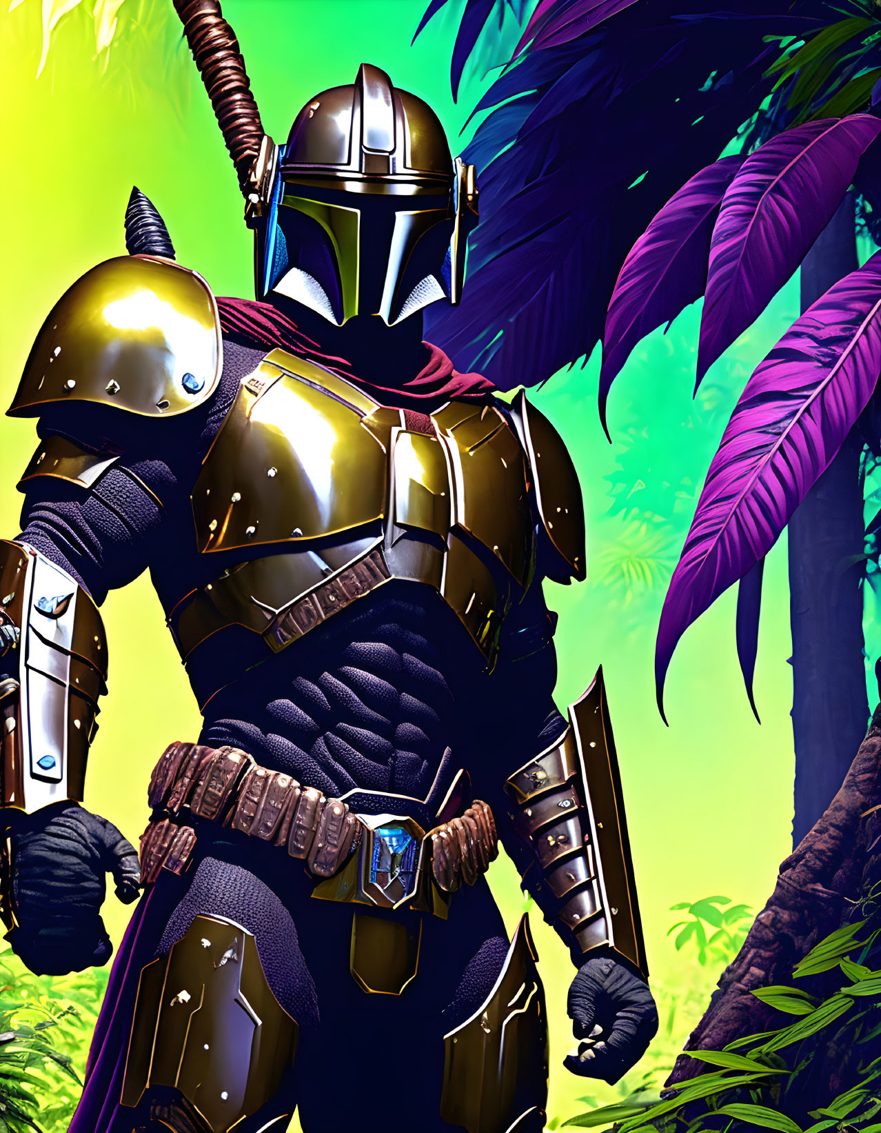 Futuristic armor-clad character in vibrant jungle setting