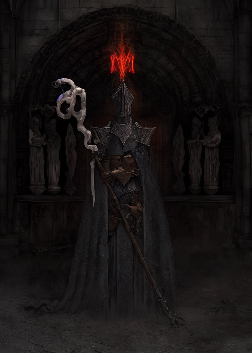 Dark-armored figure with serpent staff by archway with red flames