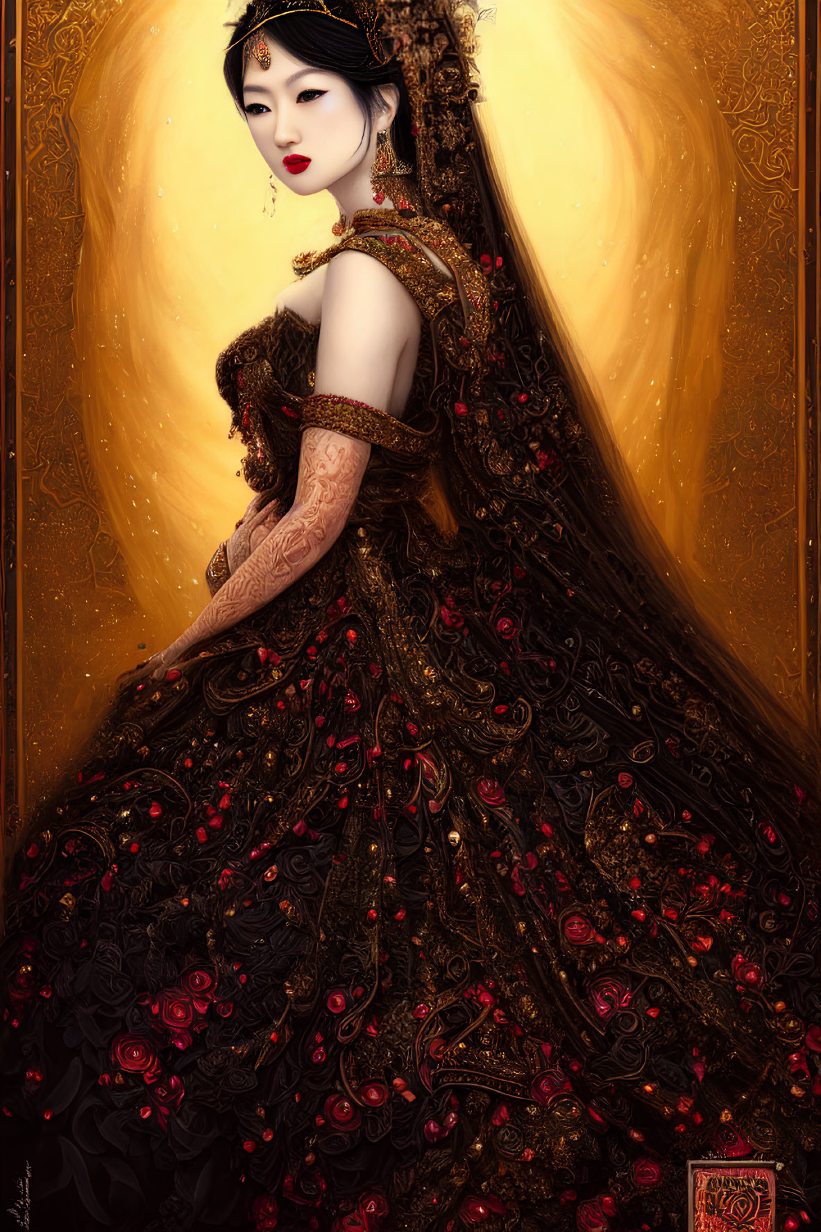 Digital Artwork: Elegant Woman in Black and Red Gown with Gold Accents