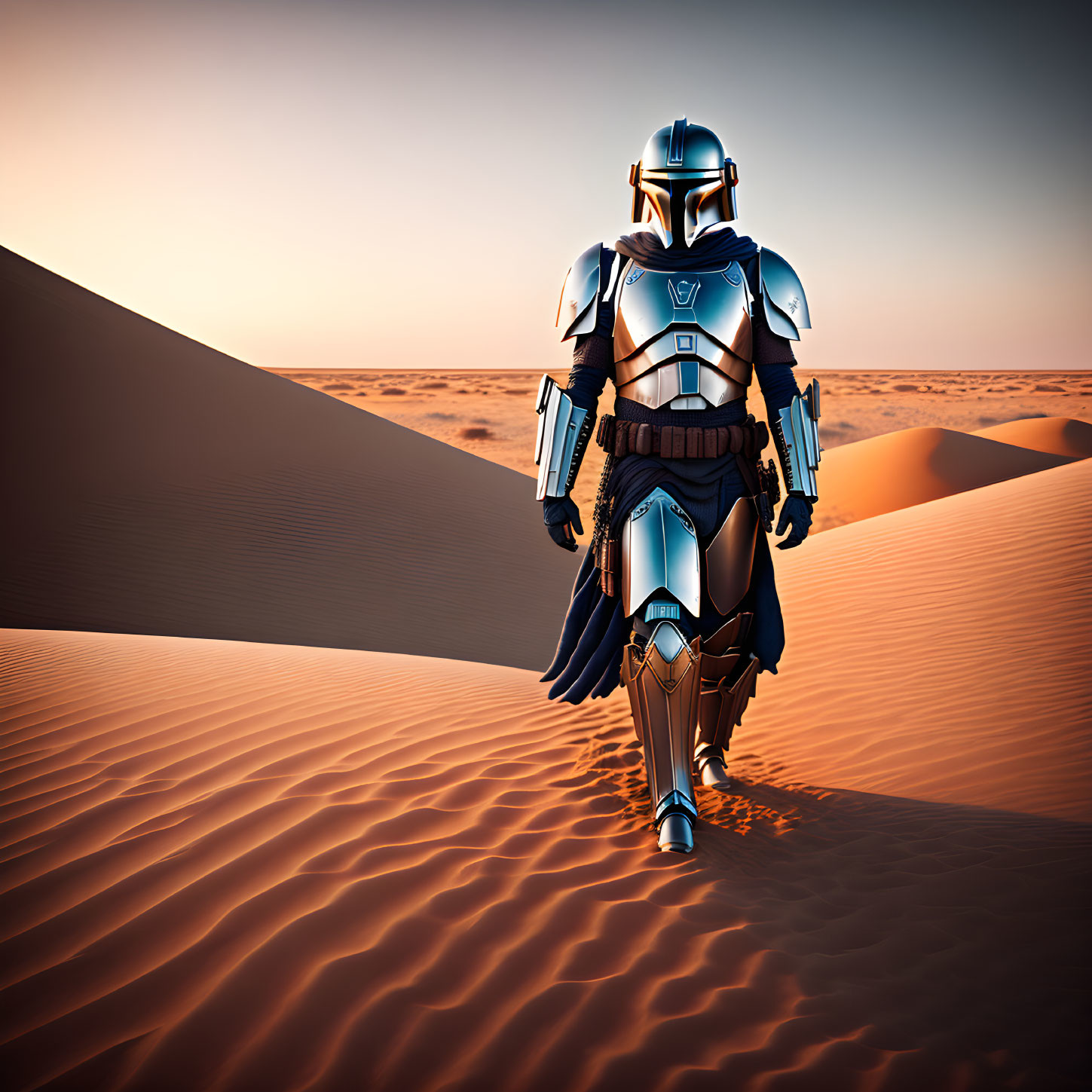 Futuristic armored character walking on desert dunes under clear sky