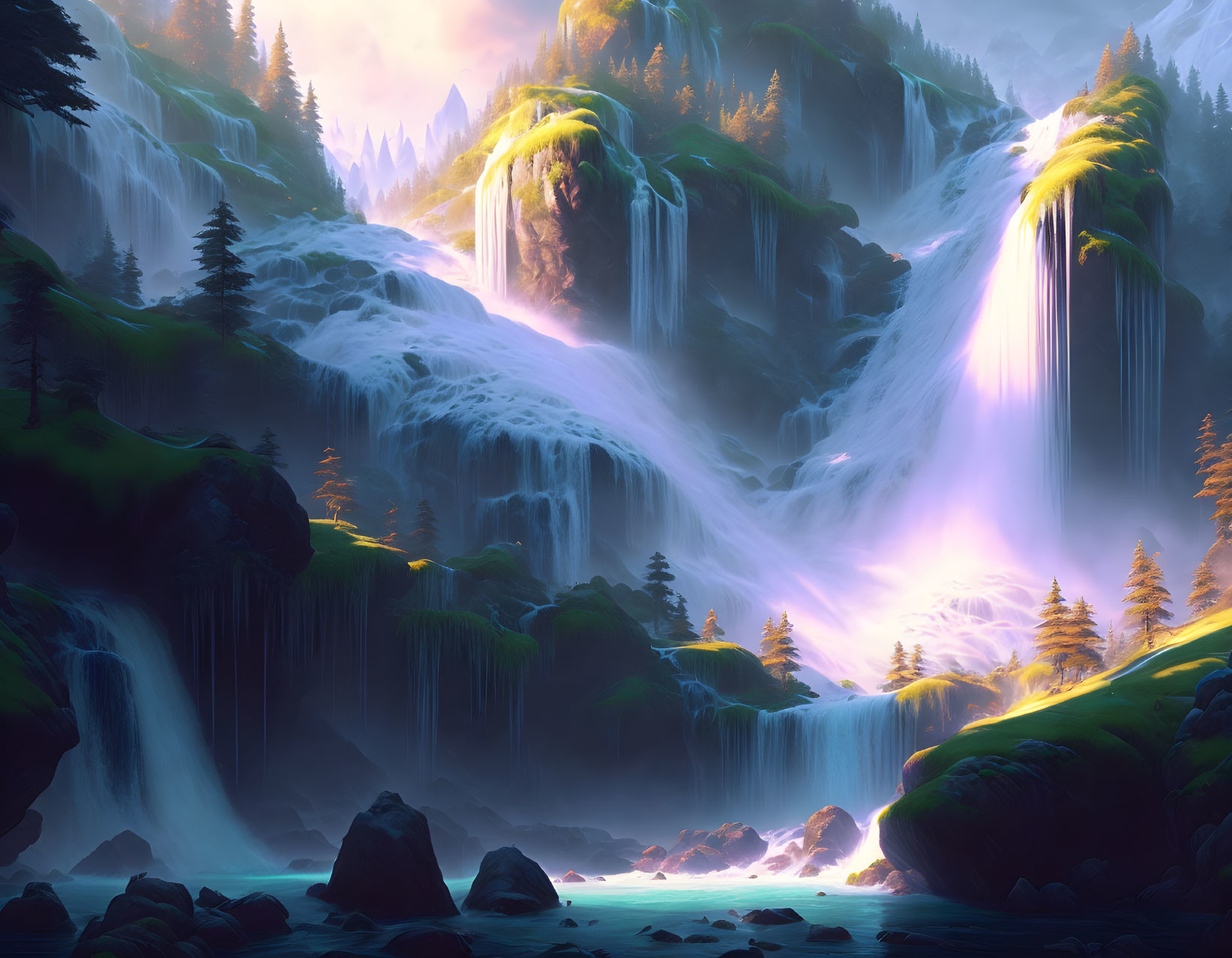 Tranquil digital art: Cascading waterfall at sunrise