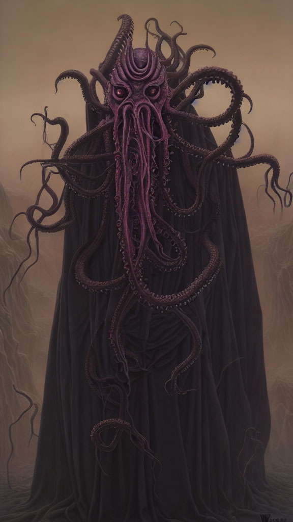 Mysterious cloaked figure with cephalopod-like head and purple eyes.