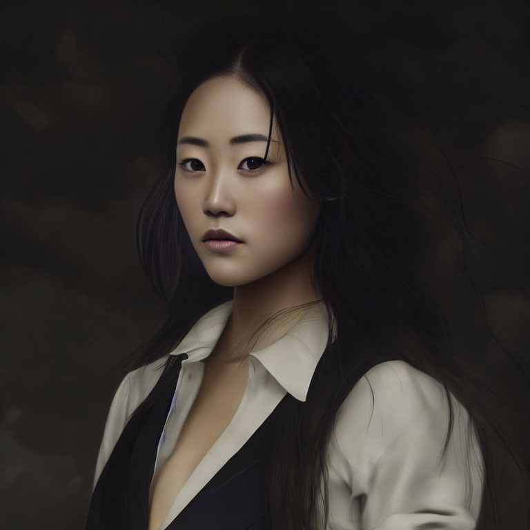 Portrait of woman with long dark hair, fair skin, and dark eyes in white shirt and black bl