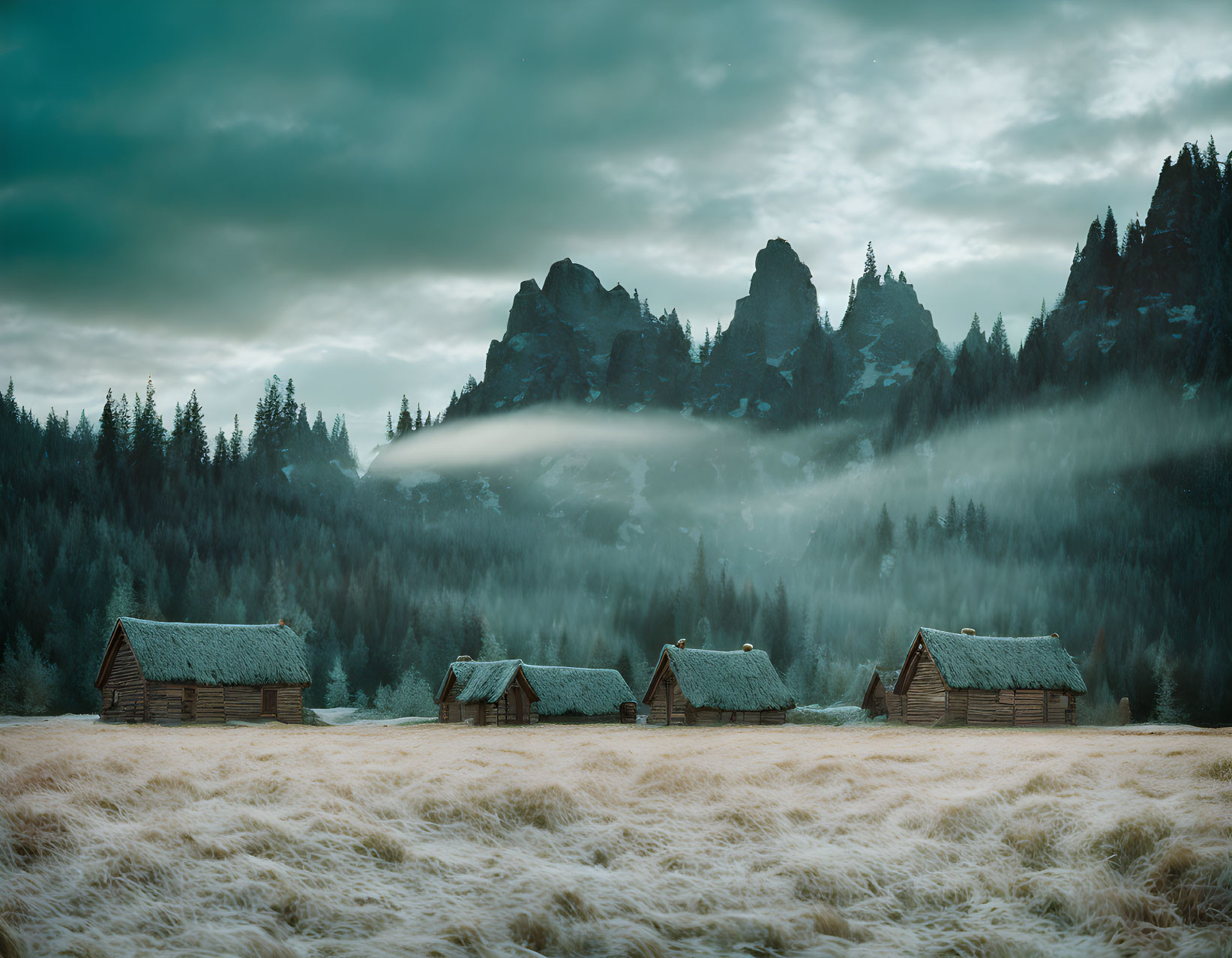 Rustic cabins in misty alpine landscape with dramatic sky