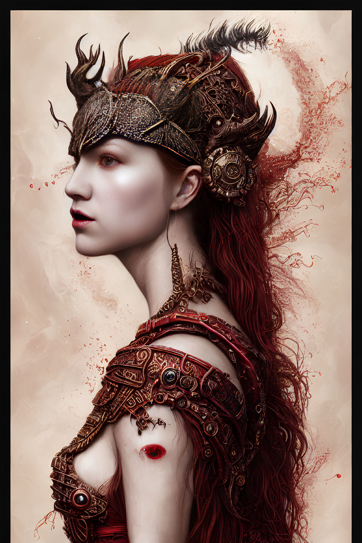 Fantasy-themed digital portrait with pale skin, ornate headgear, red hair, and metallic shoulder