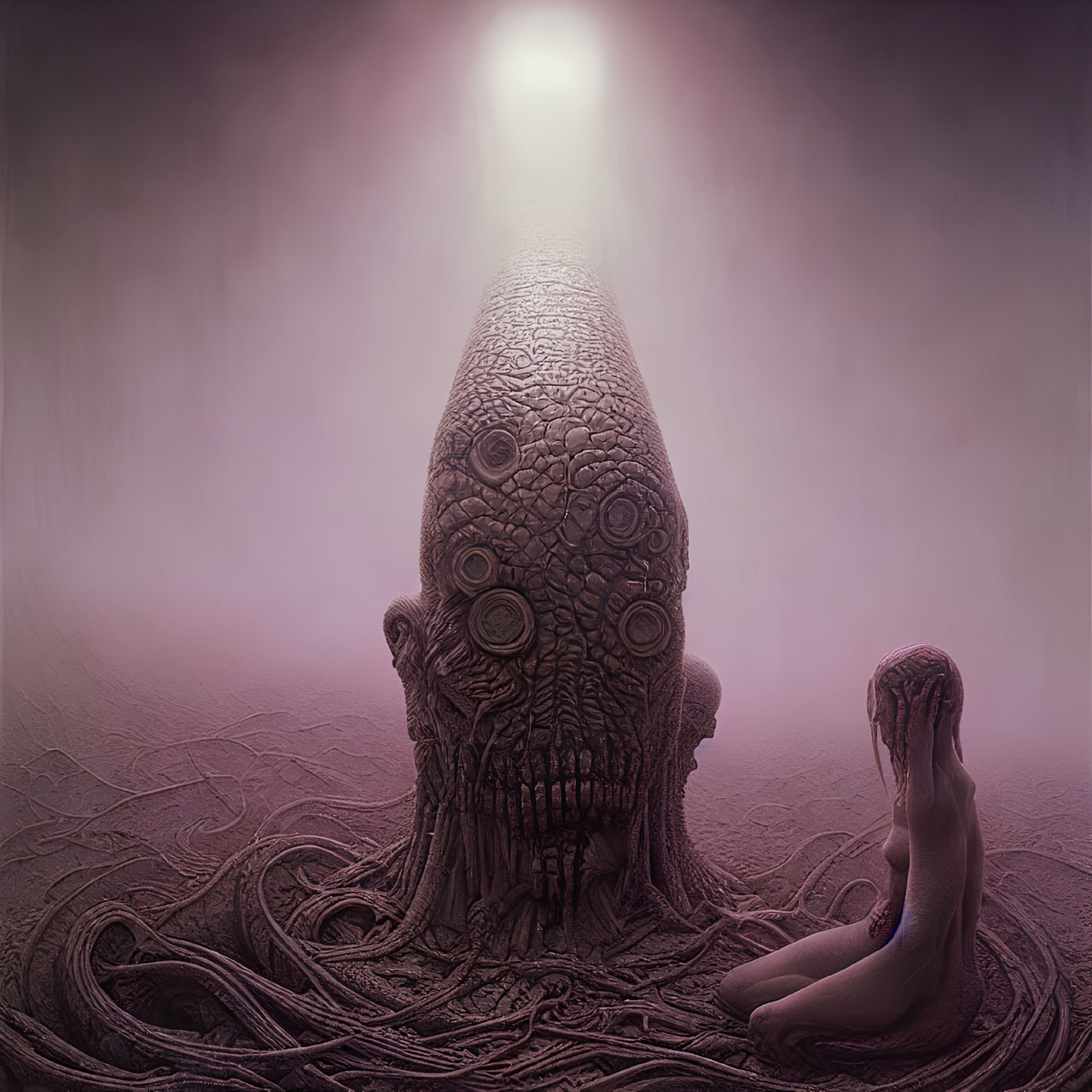 Surreal artwork featuring seated human and towering creature with multiple eyes