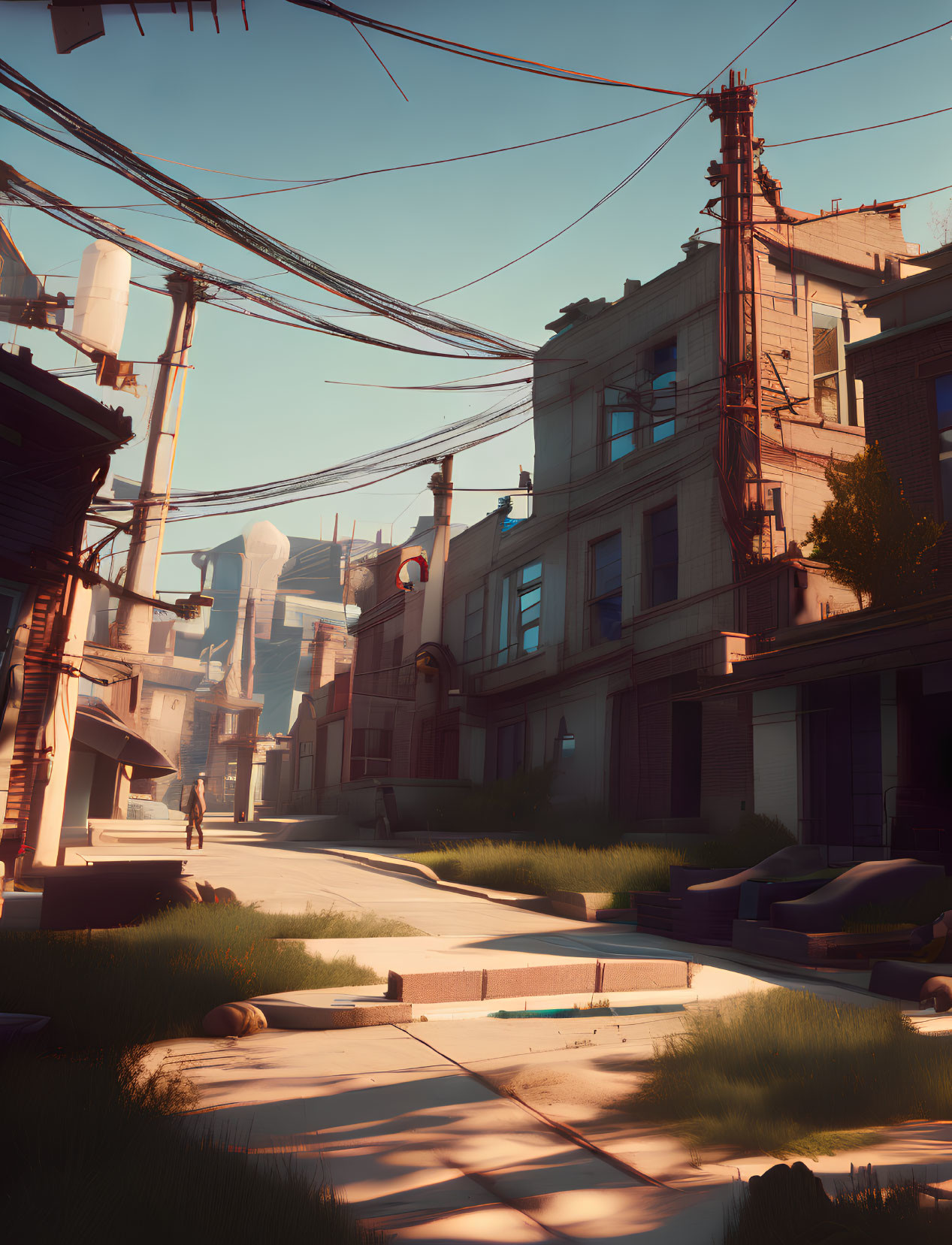 Urban alley with traditional and industrial elements under sunlight