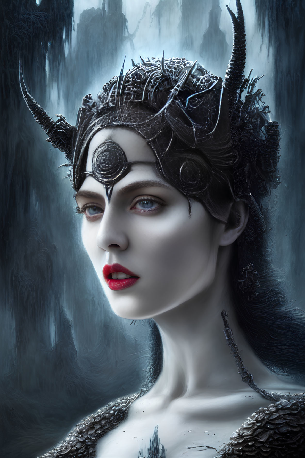 Pale-skinned woman with red lips and spider web crown in misty forest