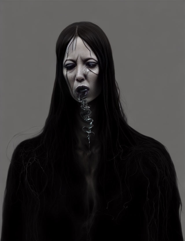 Dark-haired person with pale skin and black eyes featuring surreal, elongated, spiraled mouth