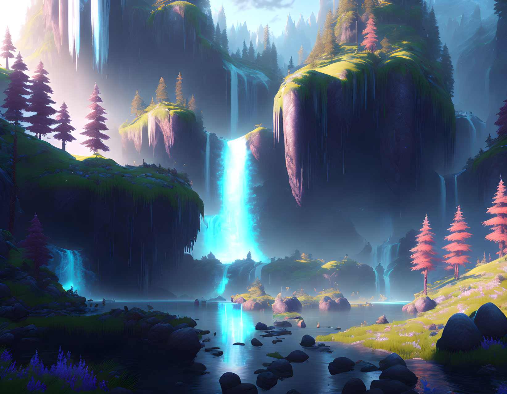 Luminous waterfall cascading in vibrant fantasy landscape