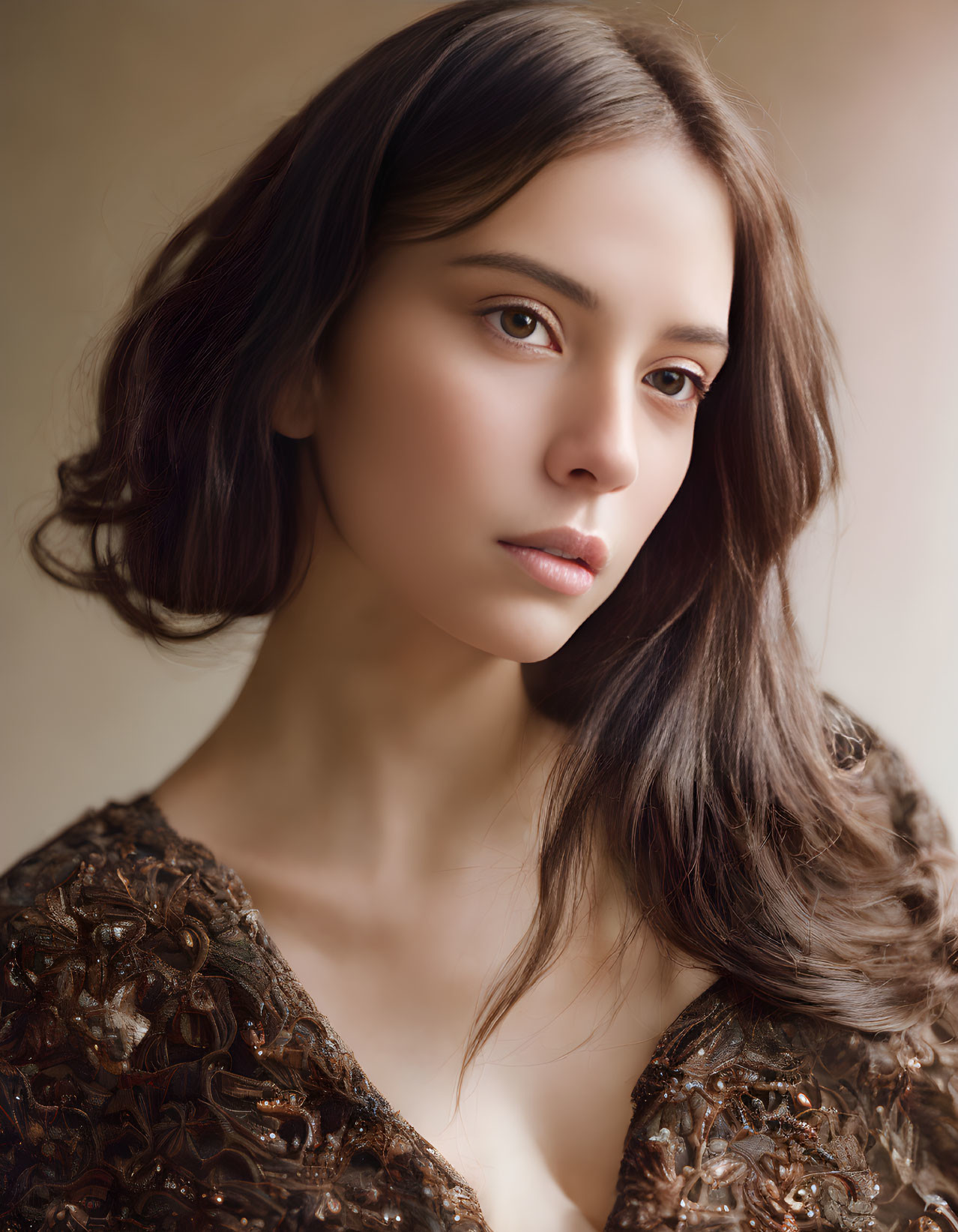 Portrait of a young woman with long brown hair in a thoughtful expression wearing a brown ornate garment