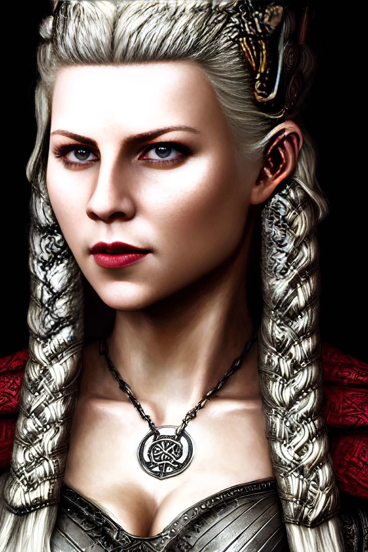 Digital portrait of woman with pale skin, amber eyes, platinum braided hair, metallic necklace, dark