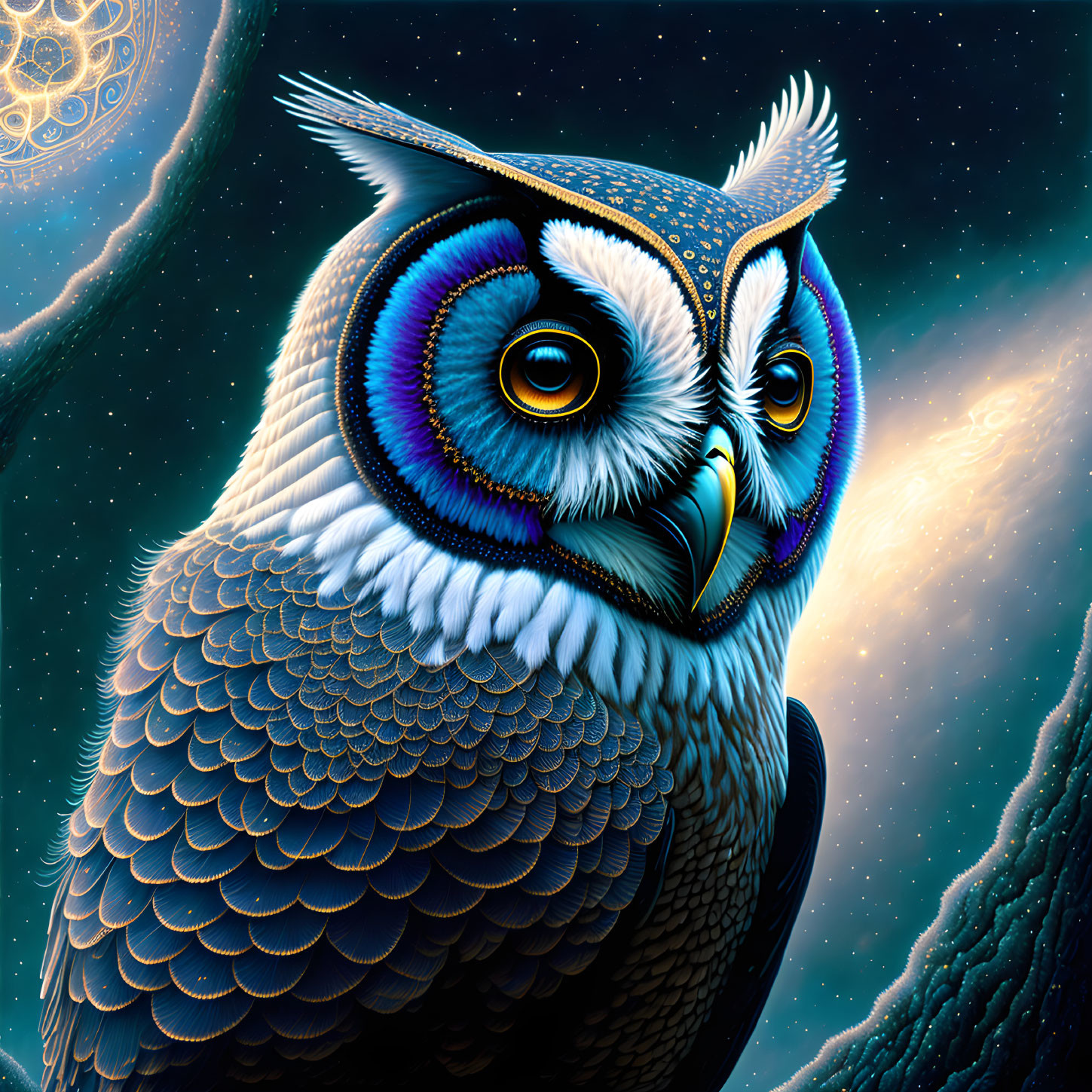 Colorful Stylized Owl Illustration with Blue Feathers and Moonlit Night Sky