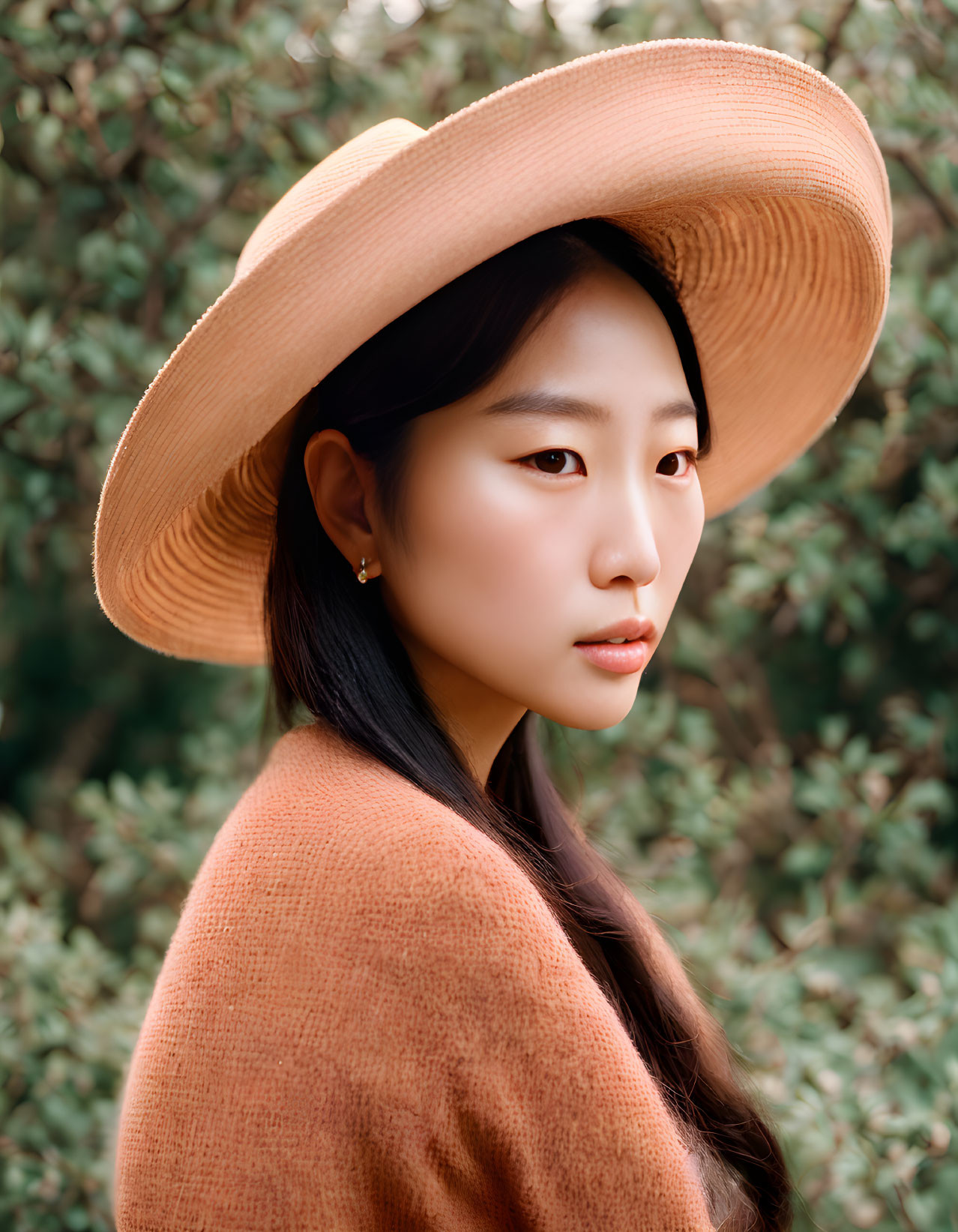 Woman in Large Straw Hat and Orange Sweater Poses Against Green Foliage