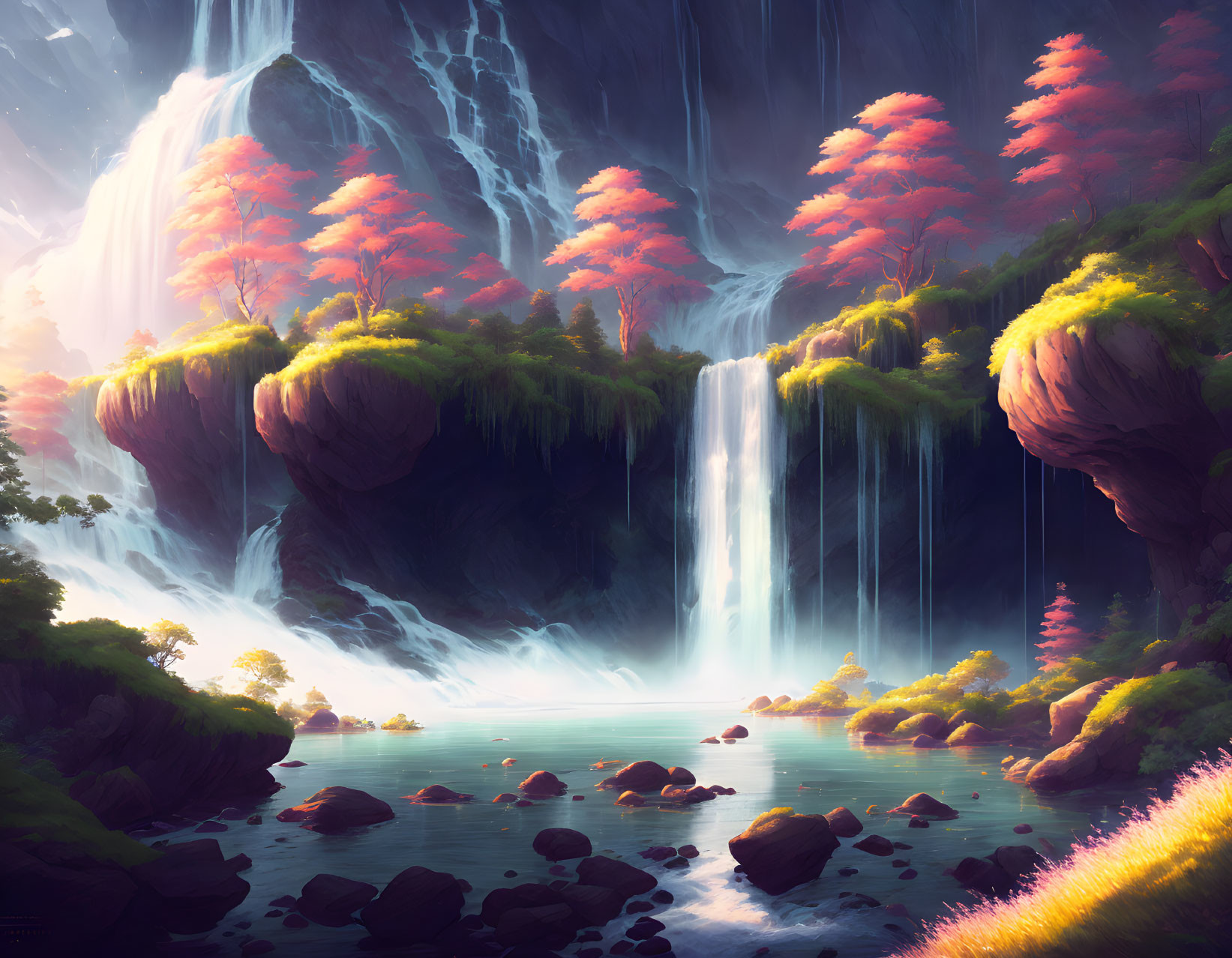 Fantasy landscape with cascading waterfall and pink foliage