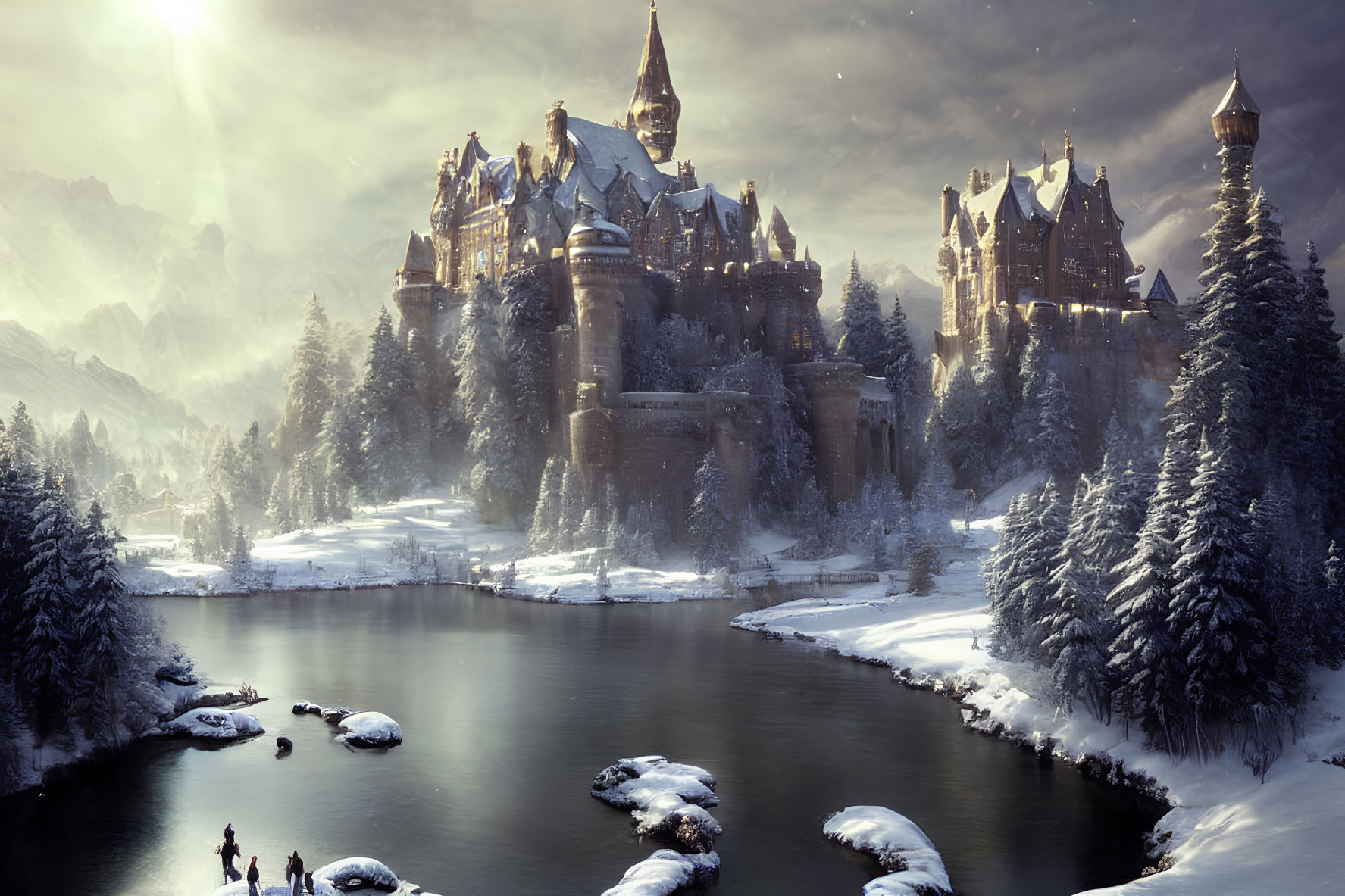 Winter castle scene with skating figures by frozen river at sunrise