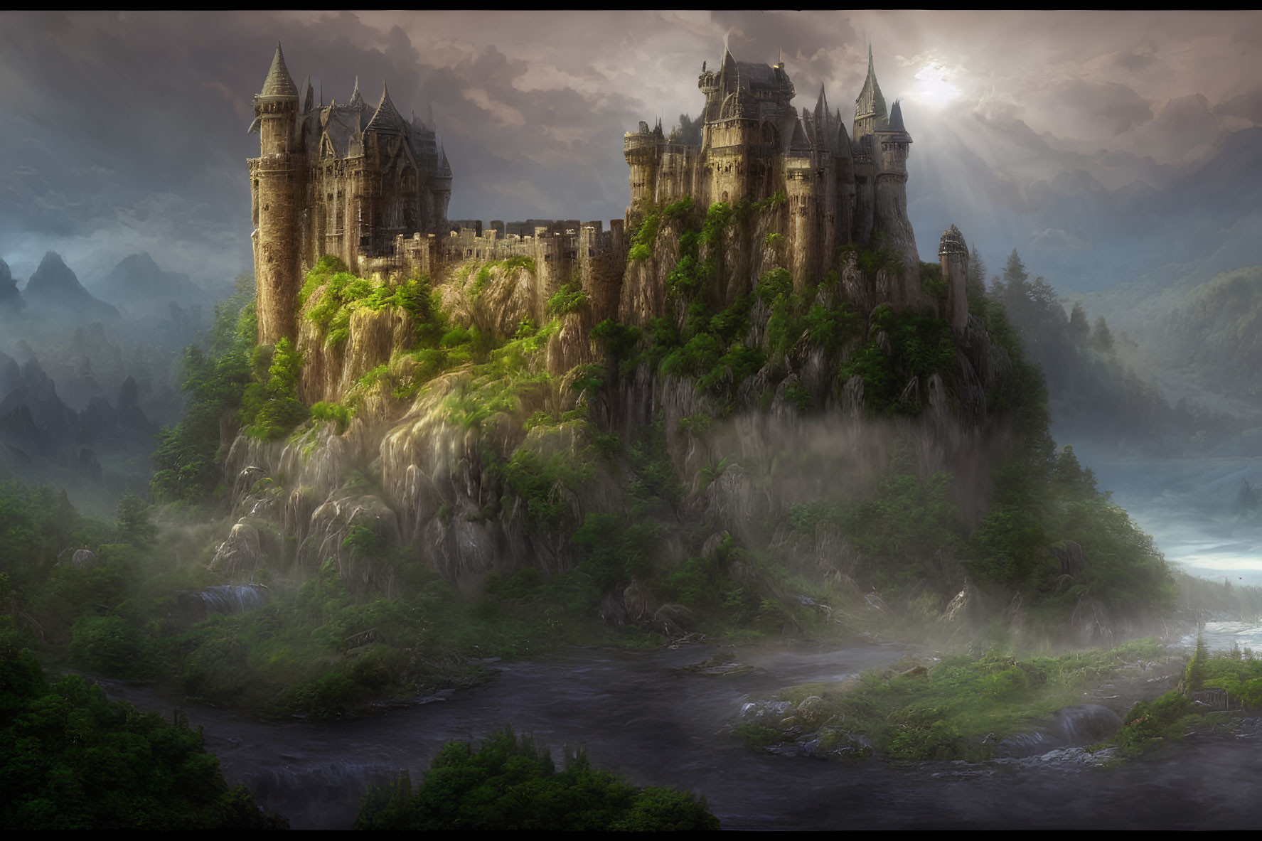 Fantastical castle on waterfall cliff in misty forest twilight