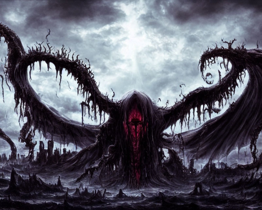 Monstrous entity with tentacles under stormy sky in desolate landscape