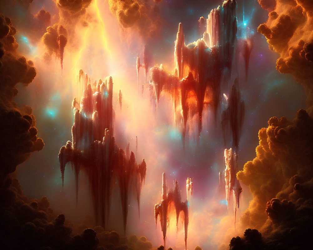 Majestic rock formations in celestial fantasy landscape