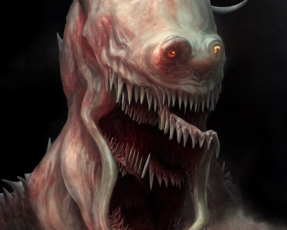 Sinister creature with sharp teeth, glowing eyes, and multiple horns on dark background