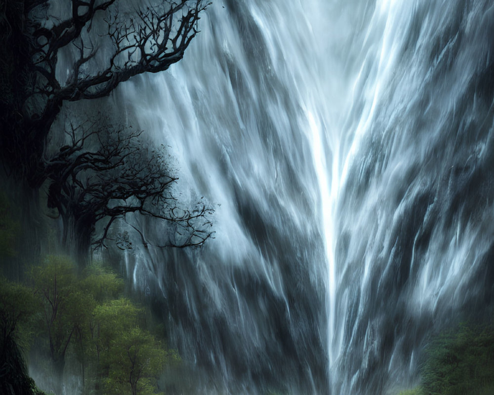 Majestic waterfall in misty mountain landscape with lush greenery