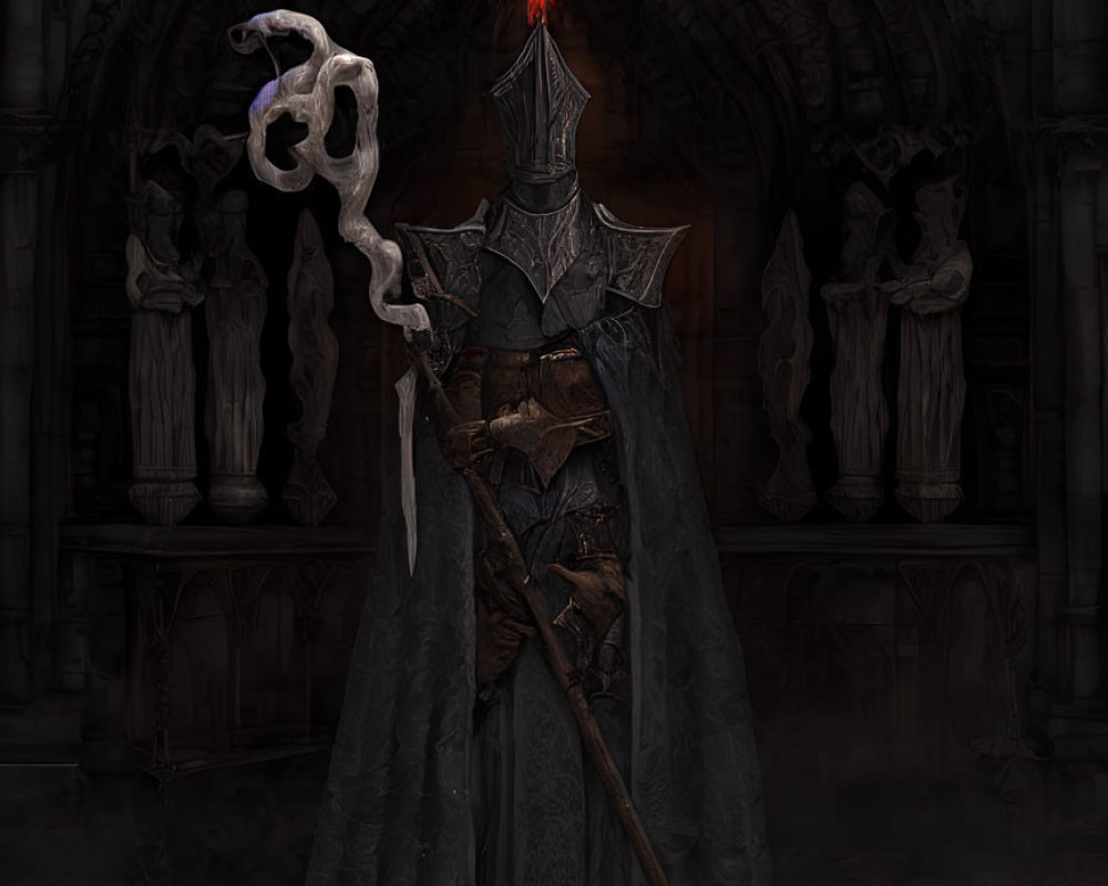 Dark-armored figure with serpent staff by archway with red flames