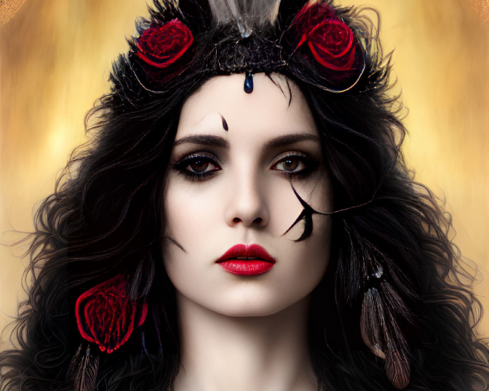 Pale-skinned woman with dark hair and striking makeup in headdress with feathers, roses, and bird