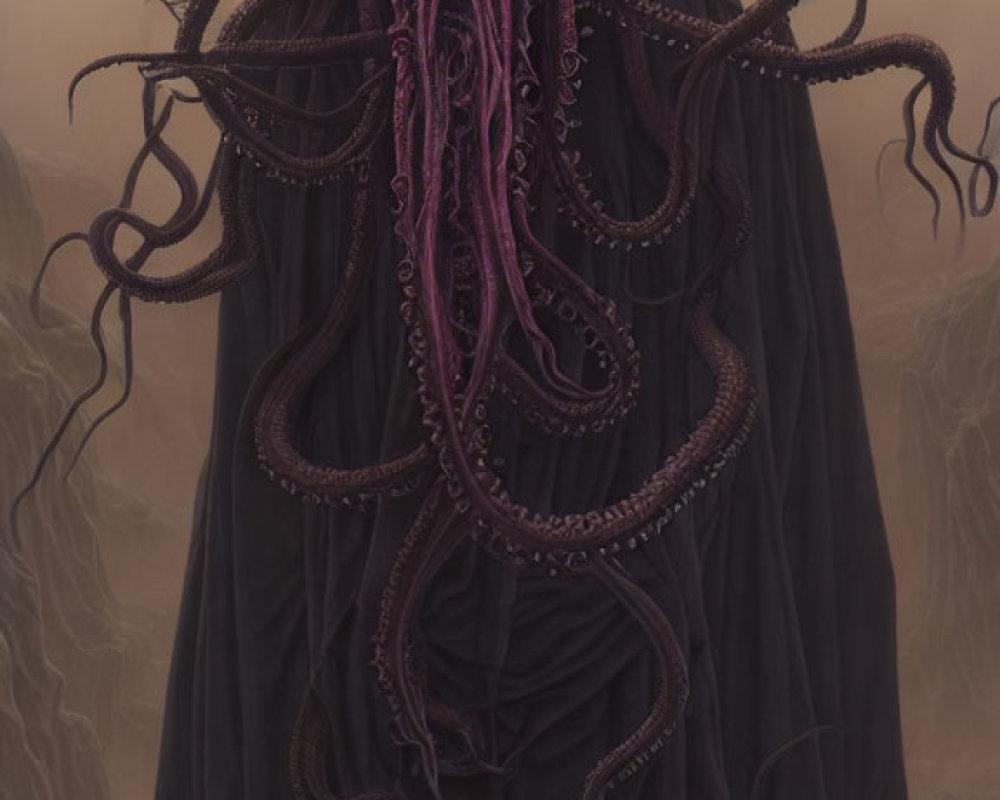 Mysterious cloaked figure with cephalopod-like head and purple eyes.