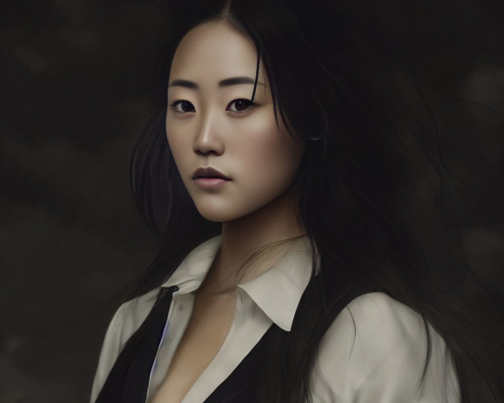 Portrait of woman with long dark hair, fair skin, and dark eyes in white shirt and black bl