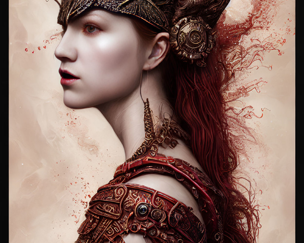 Fantasy-themed digital portrait with pale skin, ornate headgear, red hair, and metallic shoulder