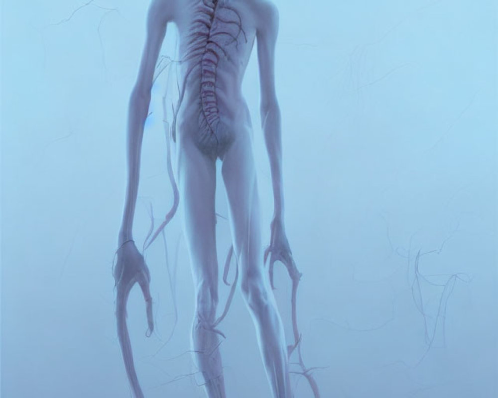 Spooky skeletal humanoid in mist with roots and skull