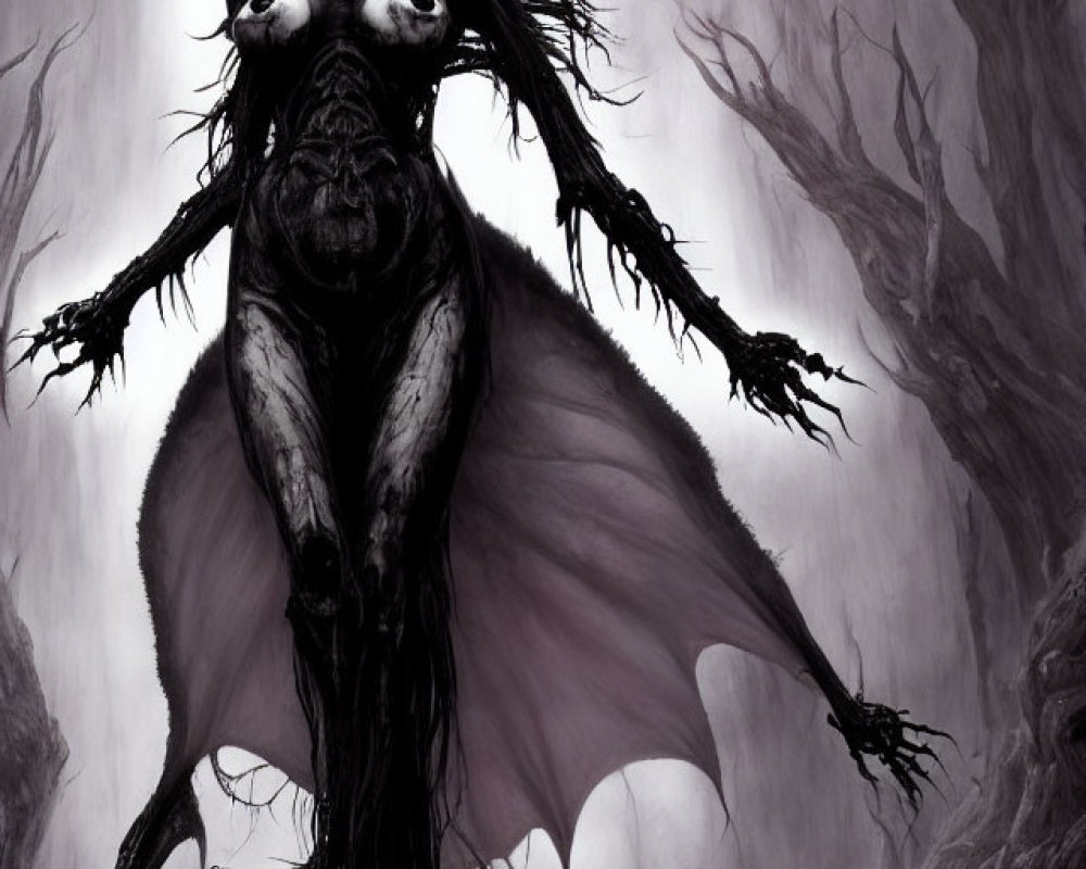 Monochromatic fantasy art: Pale woman on bat-like creature in foggy forest