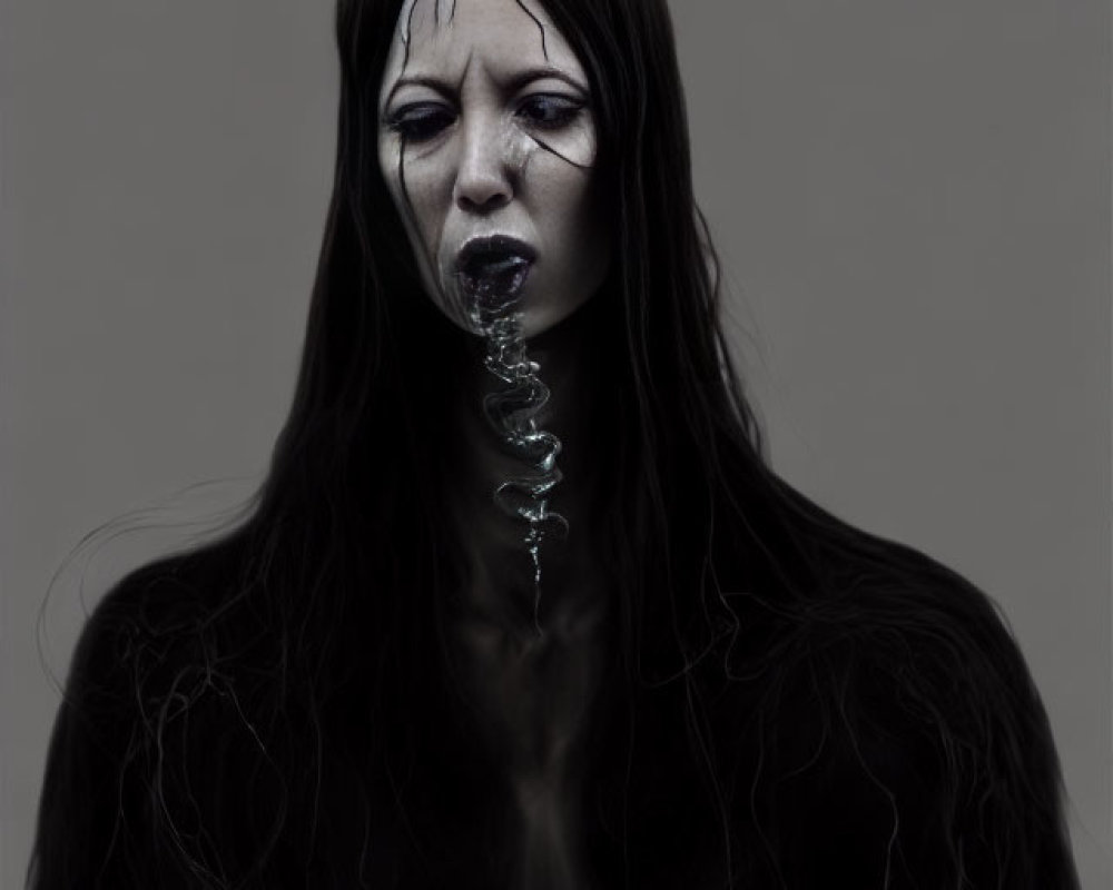 Dark-haired person with pale skin and black eyes featuring surreal, elongated, spiraled mouth