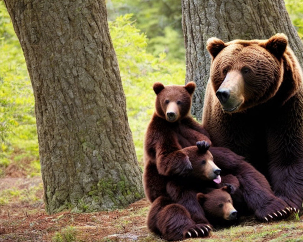 Mother bear with three cubs in forest scene