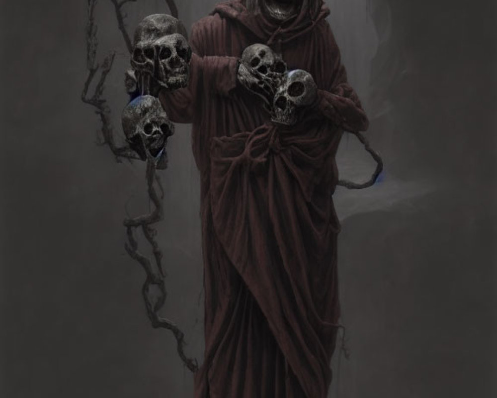 Mysterious cloaked figure with skulls and chalice in misty setting