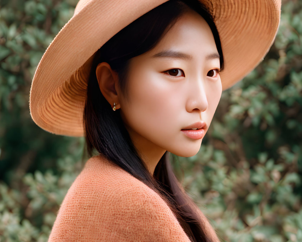 Woman in Large Straw Hat and Orange Sweater Poses Against Green Foliage